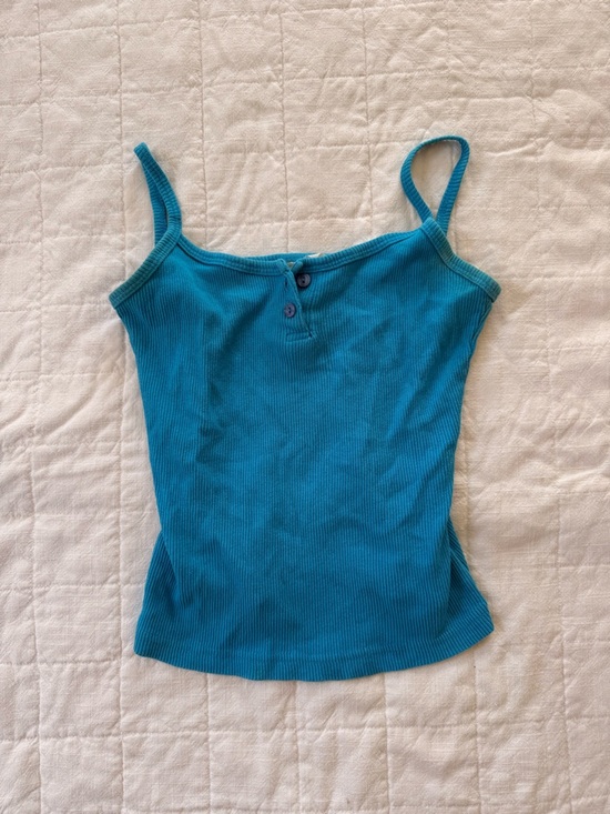 Tops - Blue Ribbed Tank Top with Button Detail - Women